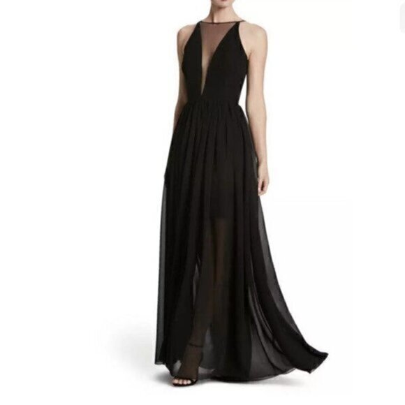 DRESS THE POPULATION 'PATRICIA' ILLUSIONS CHIFFON ROMANTIC BLACK MAXI DRESS sz S - Picture 2 of 16